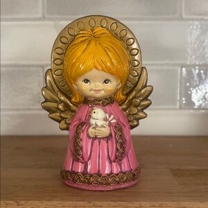 Vintage Holt Howard Chalkware Pink Angel Figurine with Gold Wings Holding Bird